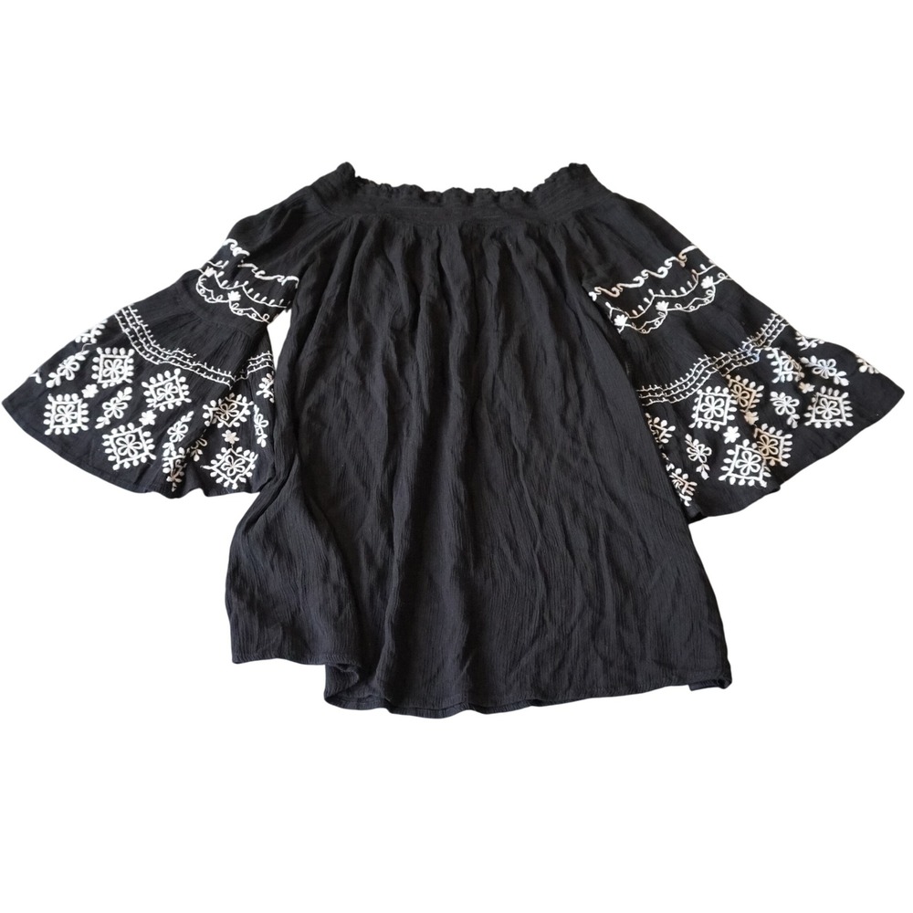 Blue Island Black Off Shoulder Bell Sleeve Embroidered Top Medium